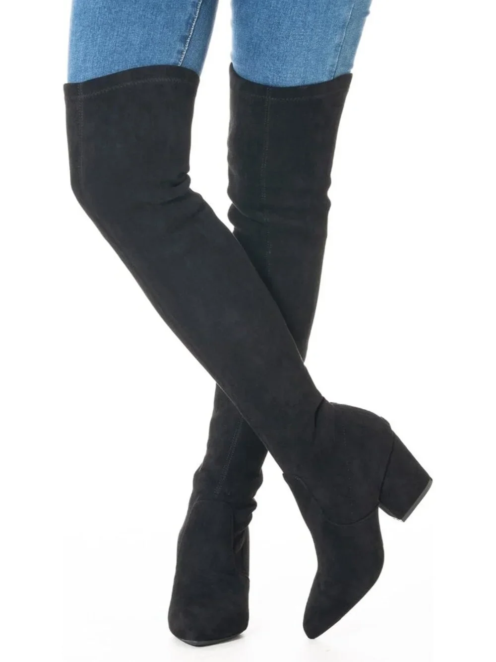 Women's Black 3 Inches Pointed Toe Chunky Block Heel Over The Knee High Boots